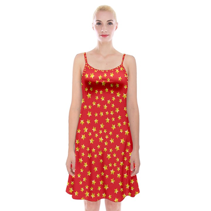 Yellow Stars Red Background Spaghetti Strap Velvet Dress