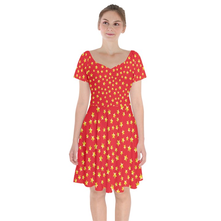 Yellow Stars Red Background Short Sleeve Bardot Dress