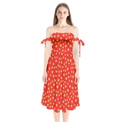 Yellow Stars Red Background Shoulder Tie Bardot Midi Dress by Sapixe