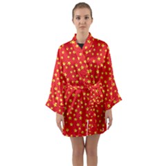 Yellow Stars Red Background Long Sleeve Kimono Robe by Sapixe