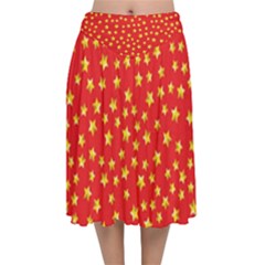 Yellow Stars Red Background Velvet Flared Midi Skirt