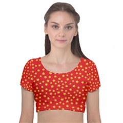 Yellow Stars Red Background Velvet Short Sleeve Crop Top 