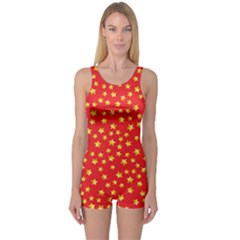 Yellow Stars Red Background One Piece Boyleg Swimsuit by Sapixe