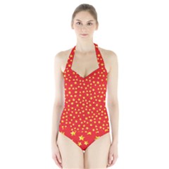 Yellow Stars Red Background Halter Swimsuit by Sapixe