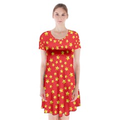 Yellow Stars Red Background Short Sleeve V-neck Flare Dress by Sapixe