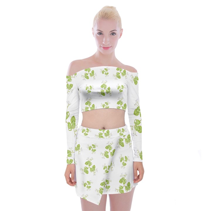 Photographic Floral Decorative Pattern Off Shoulder Top with Mini Skirt Set