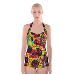 Sunflowers In Elizabeth House Boyleg Halter Swimsuit  by bestdesignintheworld