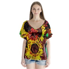 Sunflowers In Elizabeth House V-neck Flutter Sleeve Top by bestdesignintheworld