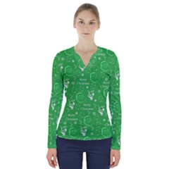 Santa Christmas Collage Green Background V-neck Long Sleeve Top by Sapixe