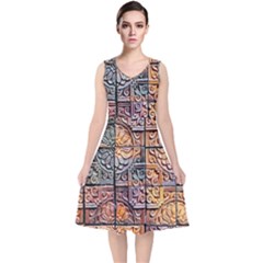 Wooden Blocks Detail V-neck Midi Sleeveless Dress  by Sapixe