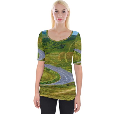 Cliff Coast Road Landscape Travel Wide Neckline Tee by Sapixe