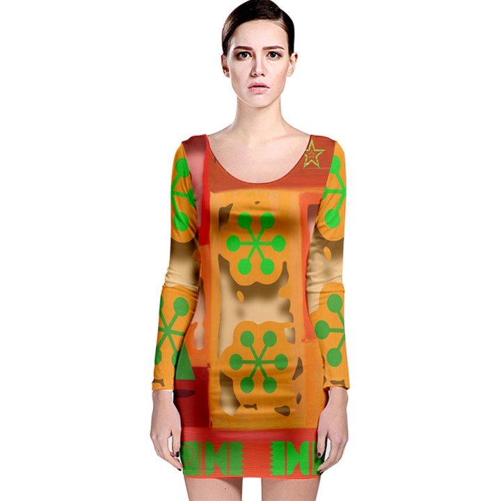 Christmas Design Seamless Pattern Long Sleeve Bodycon Dress