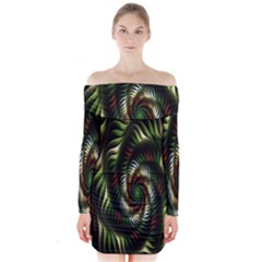 Fractal Christmas Colors Christmas Long Sleeve Off Shoulder Dress by Sapixe