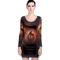 Steampunk Airship Sailing The Stars Of Deep Space Long Sleeve Bodycon Dress by jayaprime