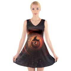 Steampunk Airship Sailing The Stars Of Deep Space V-neck Sleeveless Skater Dress by jayaprime