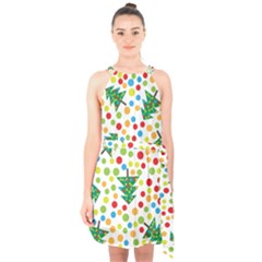 Pattern Circle Multi Color Halter Collar Waist Tie Chiffon Dress by Sapixe