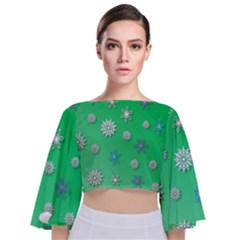 Snowflakes Winter Christmas Overlay Tie Back Butterfly Sleeve Chiffon Top by Sapixe