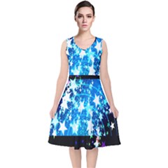 Star Abstract Background Pattern V-neck Midi Sleeveless Dress 