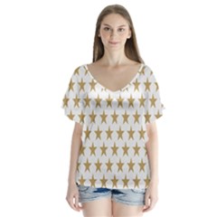 Star Background Gold White V-neck Flutter Sleeve Top by Sapixe