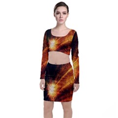 Star Sky Graphic Night Background Long Sleeve Crop Top & Bodycon Skirt Set