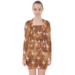 Stars Brown Background Shiny V-neck Bodycon Long Sleeve Dress by Sapixe