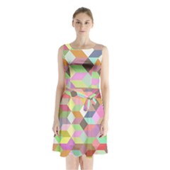 Mosaic Background Cube Pattern Sleeveless Waist Tie Chiffon Dress by Sapixe