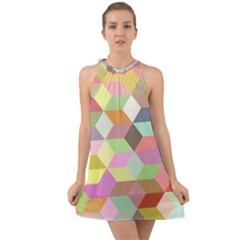 Mosaic Background Cube Pattern Halter Tie Back Chiffon Dress by Sapixe