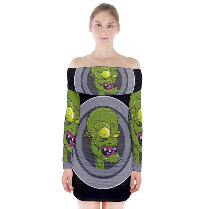 Zombie Pictured Illustration Long Sleeve Off Shoulder Dress