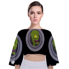 Zombie Pictured Illustration Tie Back Butterfly Sleeve Chiffon Top