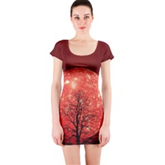 The Background Red Moon Wallpaper Short Sleeve Bodycon Dress by Sapixe