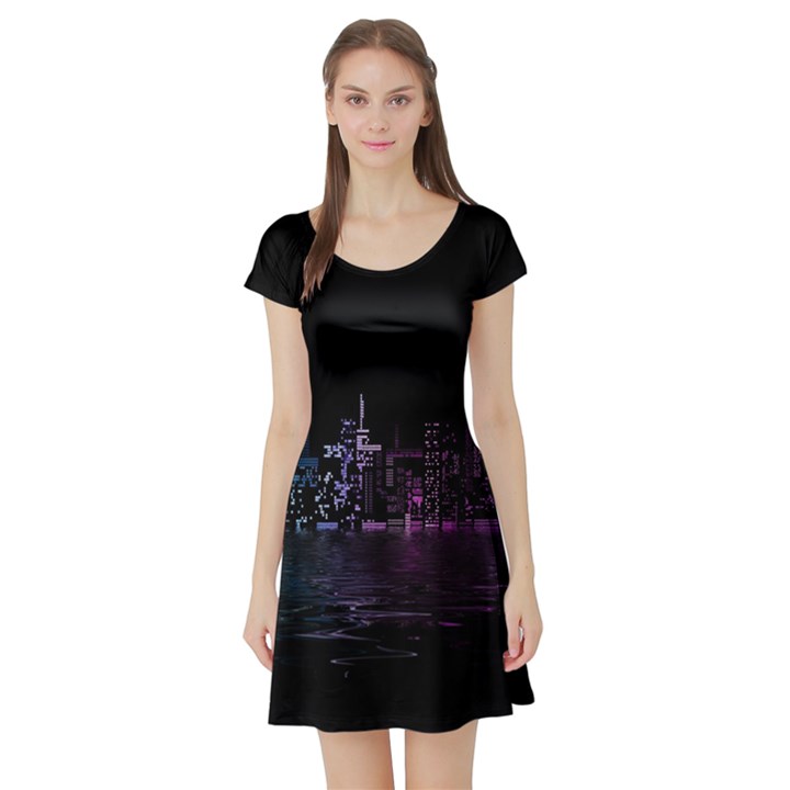 City Night Skyscrapers Short Sleeve Skater Dress