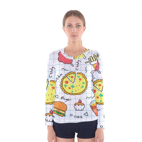 Colorful Doodle Soda Cartoon Set Women s Long Sleeve Tee by Sapixe