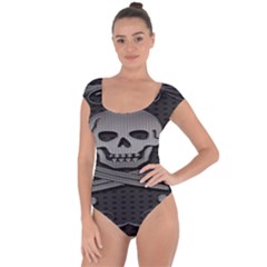 Skull Metal Background Carved Short Sleeve Leotard  by Sapixe