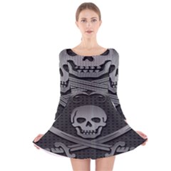 Skull Metal Background Carved Long Sleeve Velvet Skater Dress by Sapixe