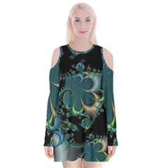 Fractal Art Artwork Digital Art Velvet Long Sleeve Shoulder Cutout Dress by Sapixe