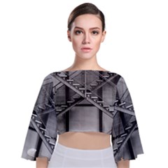 Architecture Stairs Steel Abstract Tie Back Butterfly Sleeve Chiffon Top