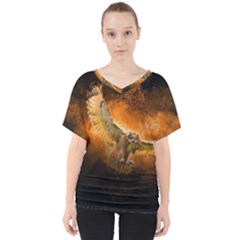 Art Creative Graphic Arts Owl V-neck Dolman Drape Top by Sapixe