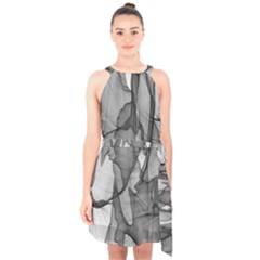 Abstract Black And White Background Halter Collar Waist Tie Chiffon Dress