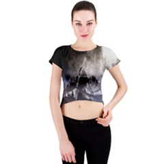 Mountains Moon Earth Space Crew Neck Crop Top by Sapixe