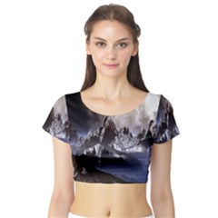 Mountains Moon Earth Space Short Sleeve Crop Top by Sapixe