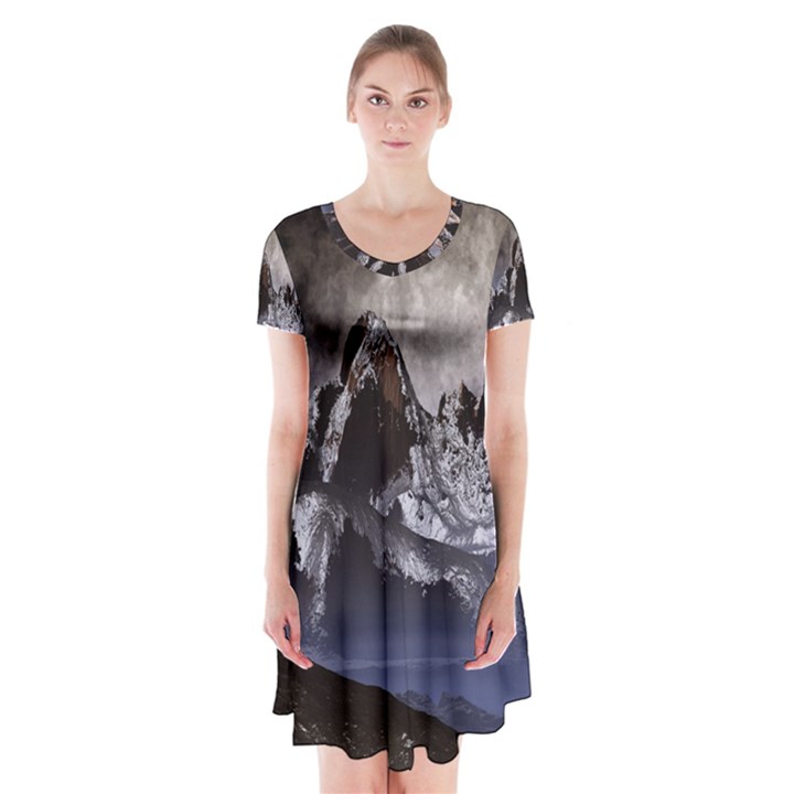 Mountains Moon Earth Space Short Sleeve V-neck Flare Dress