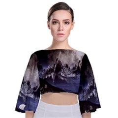 Mountains Moon Earth Space Tie Back Butterfly Sleeve Chiffon Top by Sapixe