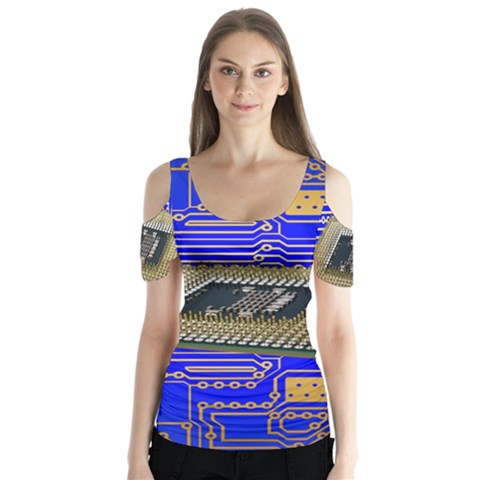 Processor Cpu Board Circuits Butterfly Sleeve Cutout Tee  by Sapixe