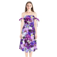 Graphic Background Pansy Easter Shoulder Tie Bardot Midi Dress by Sapixe