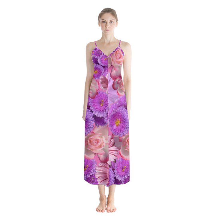 Flowers Blossom Bloom Nature Color Button Up Chiffon Maxi Dress