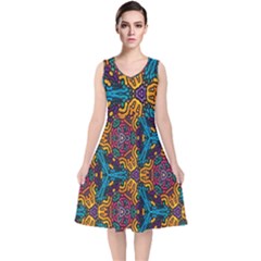 Grubby Colors Kaleidoscope Pattern V-neck Midi Sleeveless Dress  by Sapixe