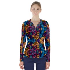 Grubby Colors Kaleidoscope Pattern V-neck Long Sleeve Top by Sapixe