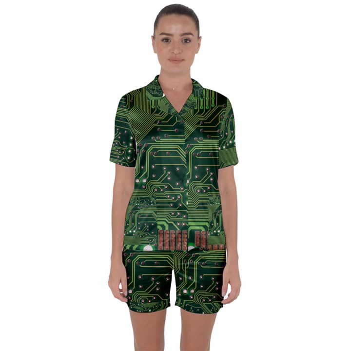 Board Computer Chip Data Processing Satin Short Sleeve Pyjamas Set