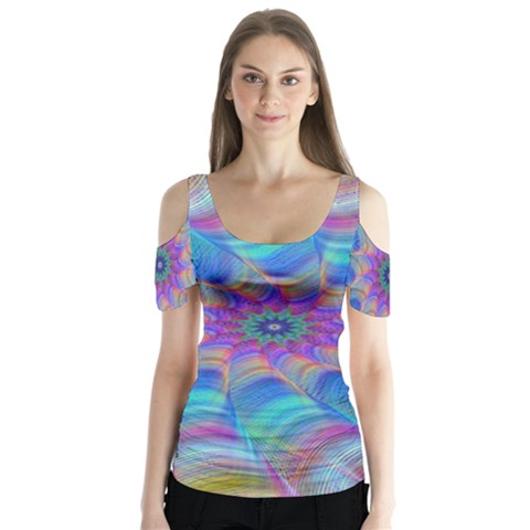 Fractal Curve Decor Twist Twirl Butterfly Sleeve Cutout Tee  by Sapixe