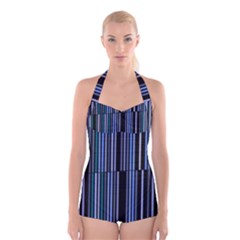 Shades Of Blue Stripes Striped Pattern Boyleg Halter Swimsuit  by yoursparklingshop